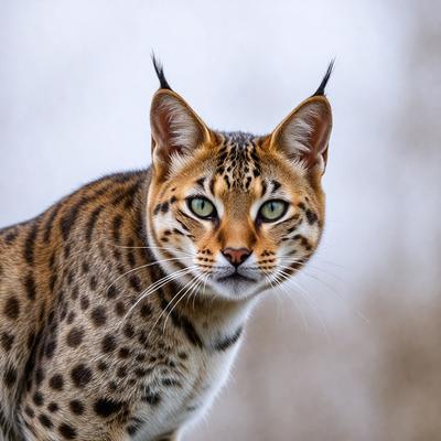 The primary subject of the image is a close-up of a cat with a leopard-like pattern. The cat is looking directly at the camera, and its eyes are open. The setting is a forest, with trees visible in the background. The visual style is a photo, capturing the cat's unique features and the natural environment. The colors and mood of the image are predominantly earthy tones, creating a sense of tranquility and connection to nature.